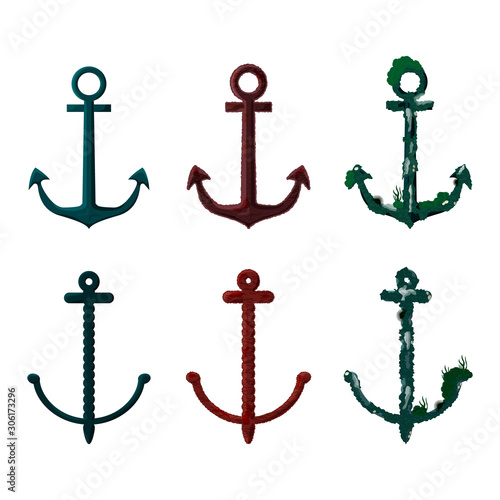 Anchor set. New, rusty and submerged anchor set. Vector.