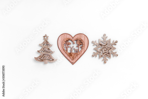 Christmas and New Year composition from golden christmas toys on white background. Top view, flat lay, copy space
