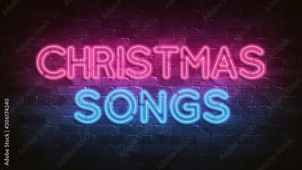 Christmas songs neon sign. blue glow. Night lighting on the wall. 3d illustration. Holiday background. Greeting card for decorative design. New year christmas. Trendy Design. bright advertisement. Christmas songs neon sign. blue glow. Night lighting on the wall. 3d illustration. Holiday background. Greeting card for decorative design. New year christmas. Trendy Design. bright advertisement.