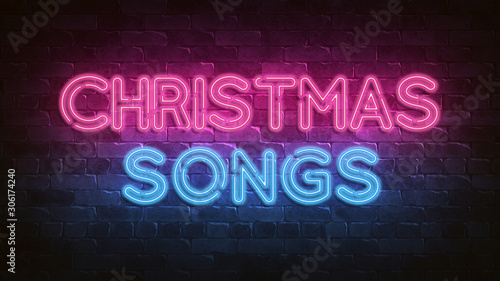 Christmas songs neon sign. blue glow. Night lighting on the wall. 3d illustration. Holiday background. Greeting card for decorative design. New year christmas. Trendy Design. bright advertisement.