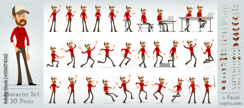 Cartoon flat cute funny bearded hipster boy character in trucker cap 30 different poses and face expressions. Isolated on white background. Big vector icon set.