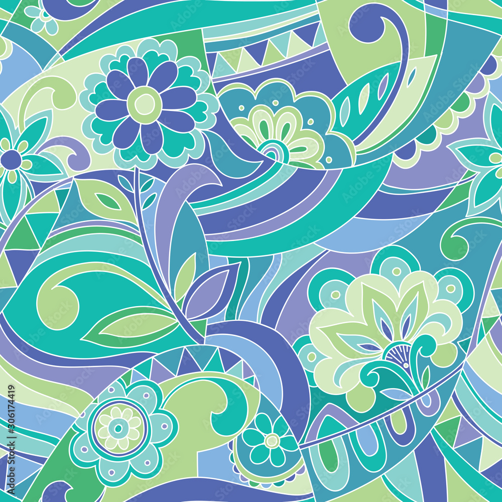 Retro floral pattern in emerald green and blue
