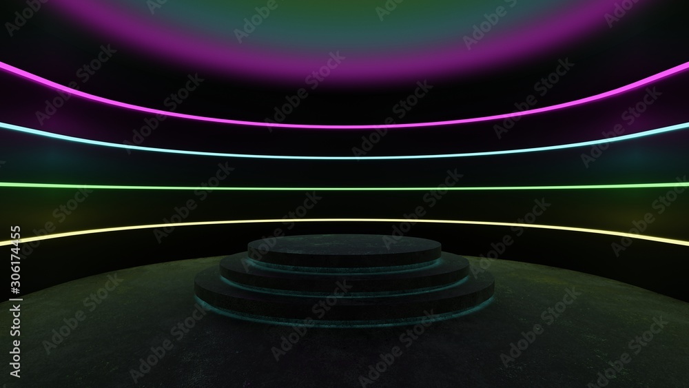 Fototapeta premium Fluorescent Lights Abstract Grunge Concrete Tunnel Room Sci Fi Futuristic Stage Empty Night Background 3D Rendering Illustration