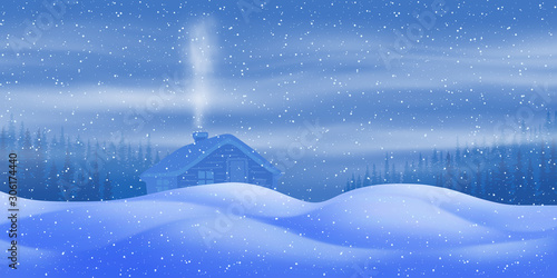 Fantasy on the theme of the winter landscape. Night, small hut and forest. It snows. Vector illustration, EPS10