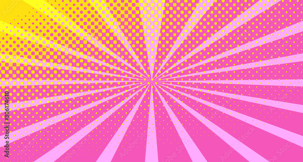 Vintage colorful comic book background. Orange Pink blank bubbles of different shapes. Rays, radial, halftone, dotted effects. For sale banner empty Place for text 1960s. Copy space vector eps10.
