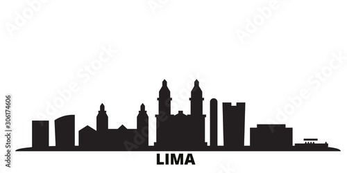 Peru, Lima city skyline isolated vector illustration. Peru, Lima travel cityscape with landmarks