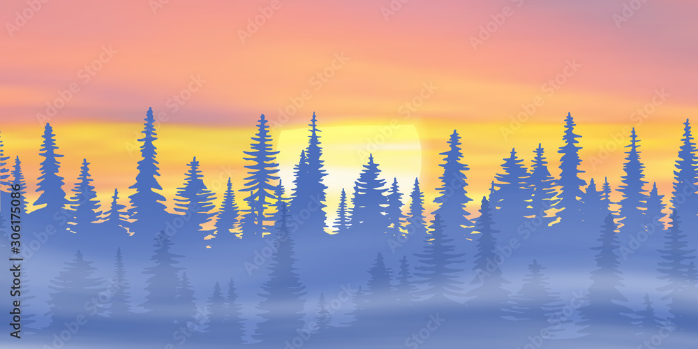 Fantasy on the theme of the winter landscape. The sun sets behind the trees. Vector illustration, EPS10