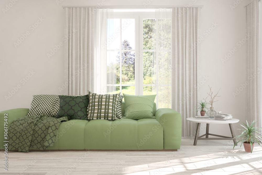 Stylish room in white color with sofa and summer landscape in window. Scandinavian interior design. 3D illustration Stylish room in white color with sofa and summer landscape in window. Scandinavian interior design. 3D illustration