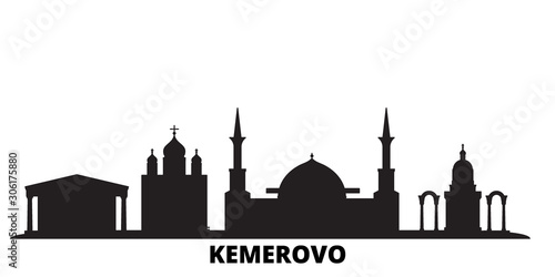Russia, Kemerovo city skyline isolated vector illustration. Russia, Kemerovo travel cityscape with landmarks
