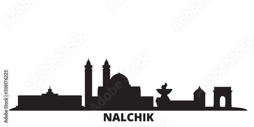 Russia, Nalchik city skyline isolated vector illustration. Russia, Nalchik travel cityscape with landmarks