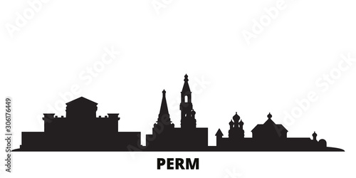 Russia, Perm city skyline isolated vector illustration. Russia, Perm travel cityscape with landmarks