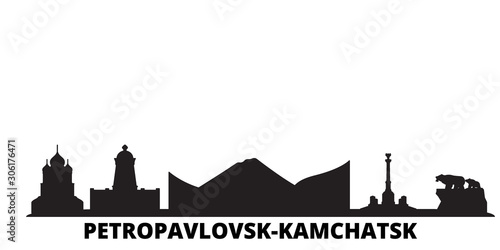 Russia, Petropavlovsk Kamchatsk city skyline isolated vector illustration. Russia, Petropavlovsk Kamchatsk travel cityscape with landmarks
