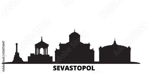 Russia, Sevastopol city skyline isolated vector illustration. Russia, Sevastopol travel cityscape with landmarks