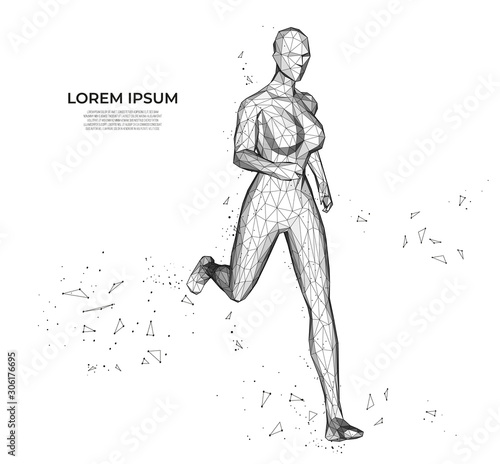 Human body low poly wireframe. Athlete  Running girl from triangles  low poly style. sport concept. human anatomy. Polygonal wireframe mesh art.