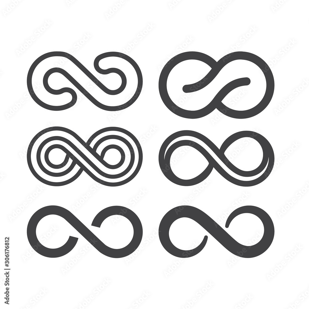 Infinity symbol. Vector logos set. Black contours of different shapes, thickness and style isolated on white. Symbol of repetition and unlimited cyclicity Infinity symbol. Vector logos set. Black contours of different shapes, thickness and style isolated on white. Symbol of repetition and unlimited cyclicity