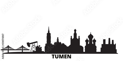 Russia, Tumen city skyline isolated vector illustration. Russia, Tumen travel cityscape with landmarks