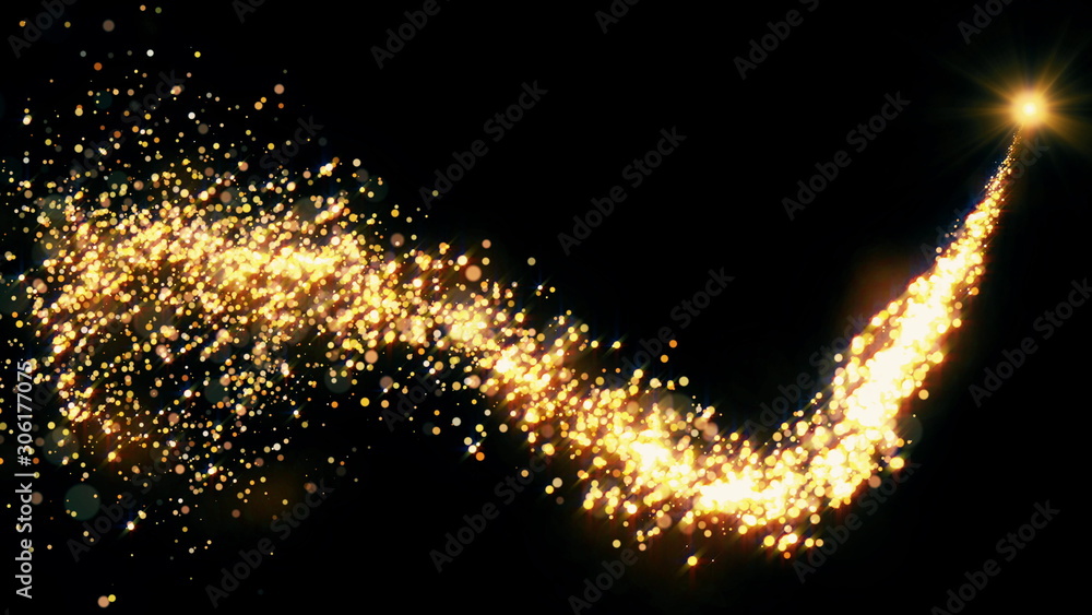 Golden glitter flight with sparkling light. Shining Christmas gold  particles and sparkles intro template on black background. Luxury magic  festive effect with bokeh and glow. Dust trail 3D render Stock Illustration