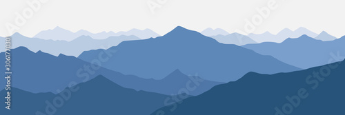 Vector illustration of mountains, ridge in the morning haze, panoramic view