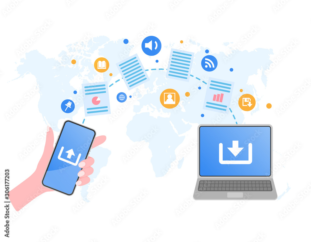 File transfer. Hand holding smartphone and documents transferred to laptop. File or document sharing, transferring wirelessly. Copy files, backup, file sharing concepts. File transfer. Hand holding smartphone and documents transferred to laptop. File or document sharing, transferring wirelessly. Copy files, backup, file sharing concepts.