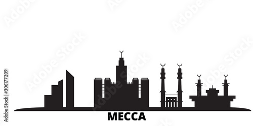 Saudi Arabia, Mecca city skyline isolated vector illustration. Saudi Arabia, Mecca travel cityscape with landmarks
