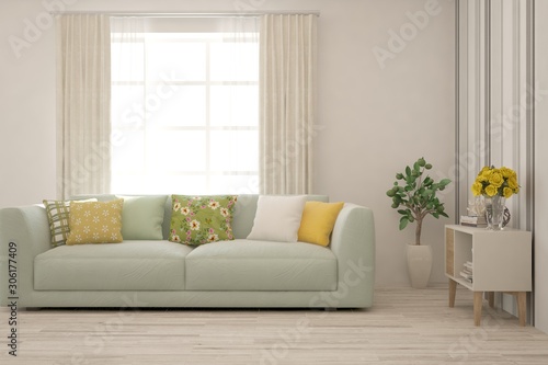 Wallpaper Mural Stylish room in white color with sofa. Scandinavian interior design. 3D illustration Torontodigital.ca