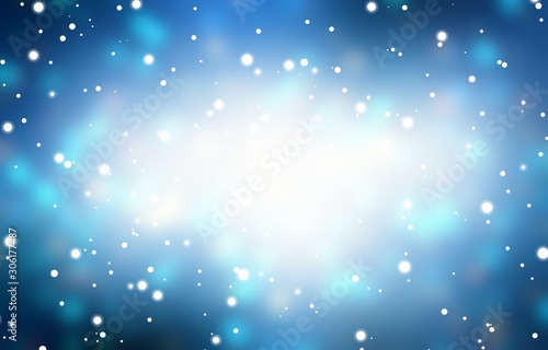 Snow fall on flare dark blue background. Magical winter illustration. Blurred vignette pattern.