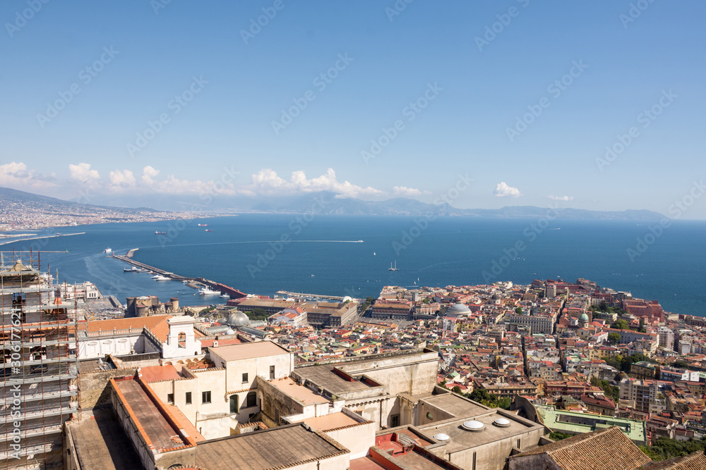Panoramic view on the city of Naples and Vesuvius on the background. View from a high point