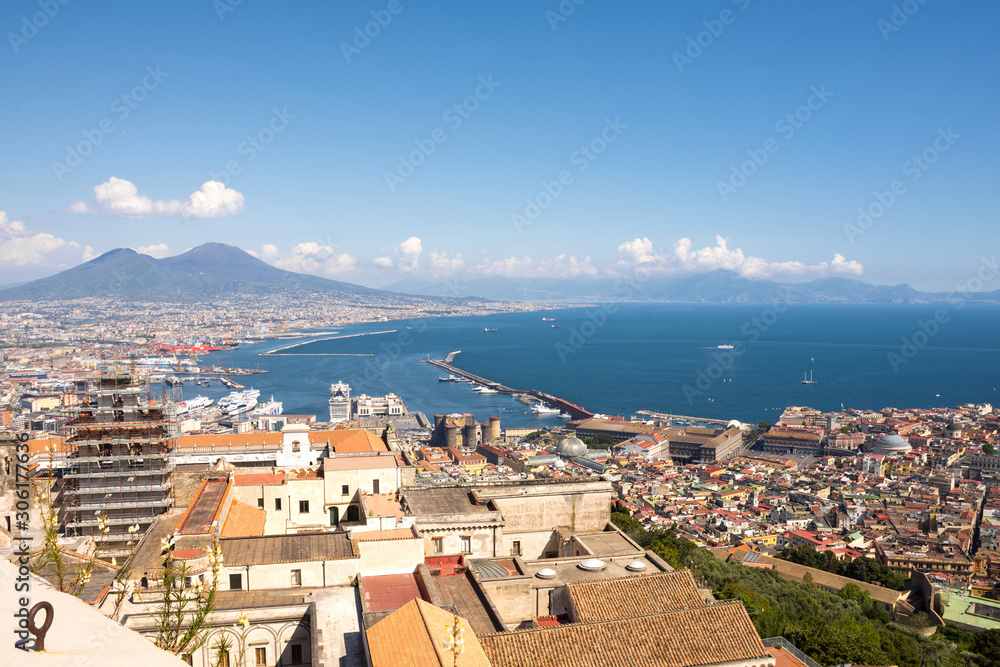 Panoramic view on the city of Naples and Vesuvius on the background. View from a high point