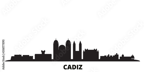 Spain, Cadiz city skyline isolated vector illustration. Spain, Cadiz travel cityscape with landmarks