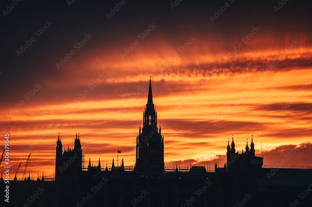 Silhouette of House of parliament in London, Beautiful summer sky in background