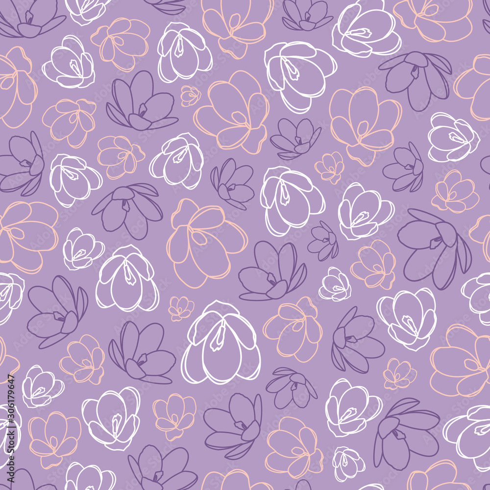 Vector repeat pattern with saffron flowers on purple background. One of the 