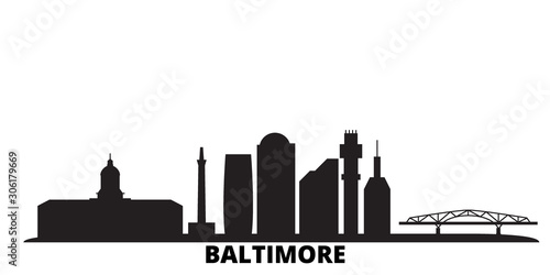United States, Baltimore city skyline isolated vector illustration. United States, Baltimore travel cityscape with landmarks