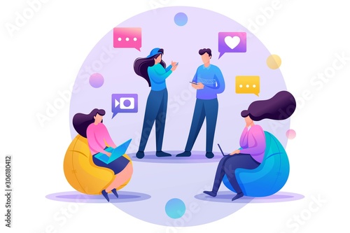 Friends correspond online, chat, share news and impressions, friendship. Flat 2D character. Concept for web design