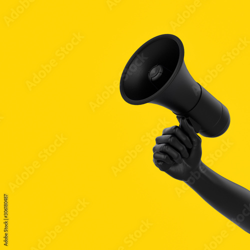 Black hand holding Megaphone on yellow background. Isolated loudspeaker announcement and communication creative banner concept. 3d rendering.