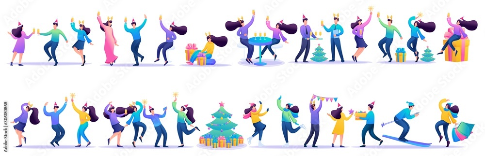 Set of concepts vacationing people, Christmas celebration, dancing, happiness, joy