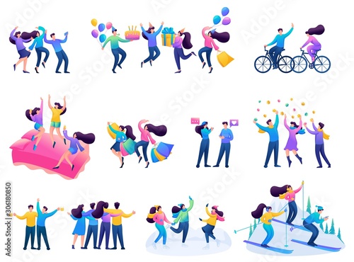 Set of concepts of friendship, friends meet, rejoice, have fun, happiness