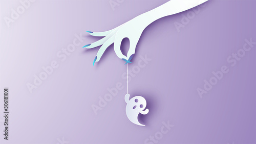 Witch is playing with baby ghost spirit on Halloween. Graphic design for Halloween. paper cut and craft style. vector, illustration.