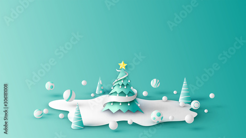 Christmas tree on snow pile decorated with Christmas ornaments and balls is bouncing. Merry Christmas and happy new year. paper cut and craft style. vector, illustration.
