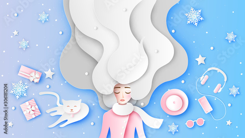 Beautiful girl with long hair wearing winter clothes with accessories in pink set. Graphic design for winter. paper cut and craft style. vector, illustration.