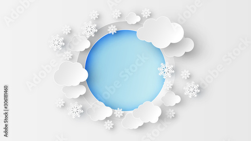 Paper art of circle frame for the winter decorated with snowflakes, clouds and place text space. paper cut and craft style. vector, illustration.