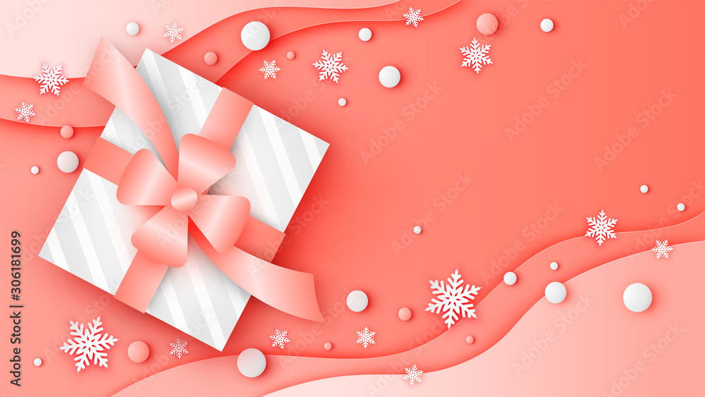Christmas background decorated with gift boxes, snowflakes, ball and text space. Christmas banner. Merry Christmas. paper cut and craft style. vector, illustration.