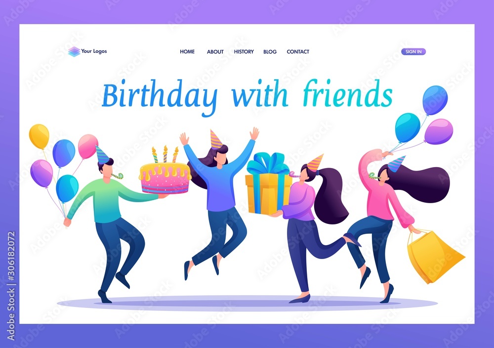 Celebrate the birthday in a circle of best friends, friendship. Flat 2D character. Landing page concepts and web design
