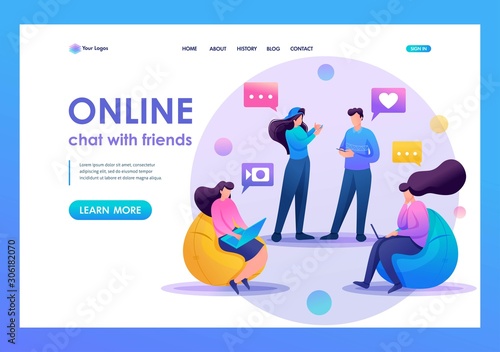 Friends correspond online, chat, share news and impressions, friendship. Flat 2D character. Landing page concepts and web design