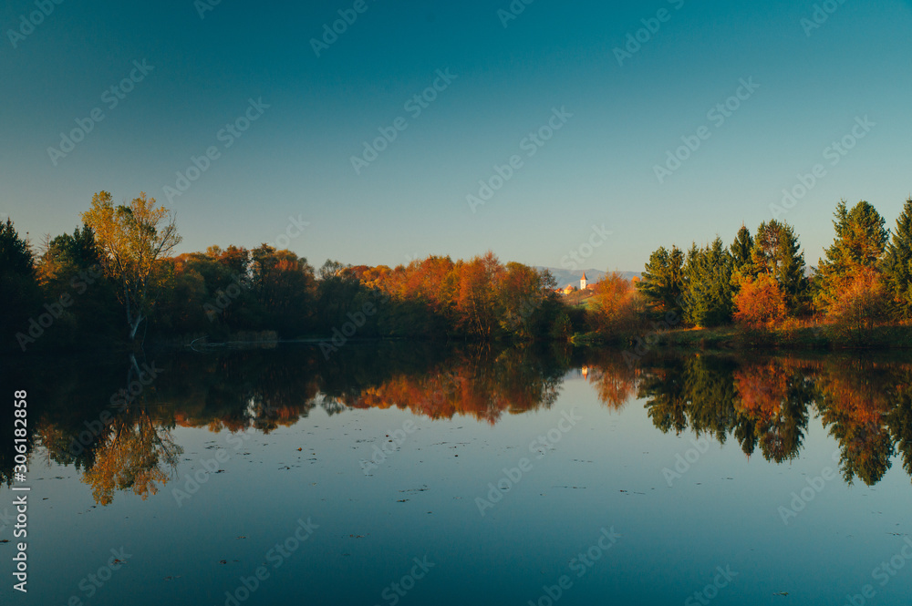 Autumn lake, colorful scenery, reflexion of lake