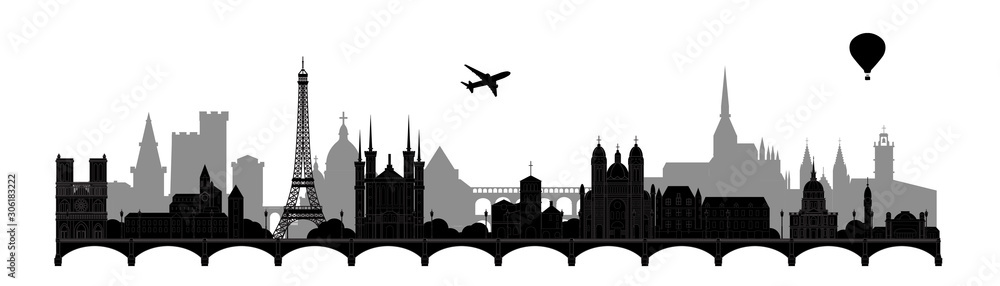 Obraz premium Panoramic illustration of architectural sights of France monochrome vector illustration. Tourism concept with historic architecture. France cityscape with landmarks. France silhouettes.