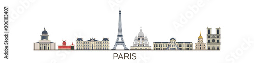 Panorama of Paris flat style vector illustration. Cartoon Paris architecture symbols and objects. Paris city skyline vector background. Flat trendy illustration