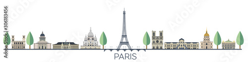 Fototapeta Naklejka Na Ścianę i Meble -  Panorama of Paris flat style vector illustration. Cartoon Paris architecture symbols and objects. Paris city skyline vector background. Flat trendy illustration
