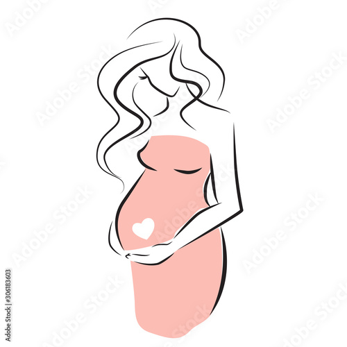 Young beautiful pregnant woman with long hair line art vector illustration. Stylized silhouette of a pregnant girl.