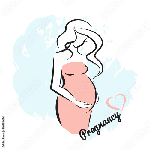 Young beautiful pregnant woman with long hair line art vector illustration. Stylized silhouette of a pregnant girl.