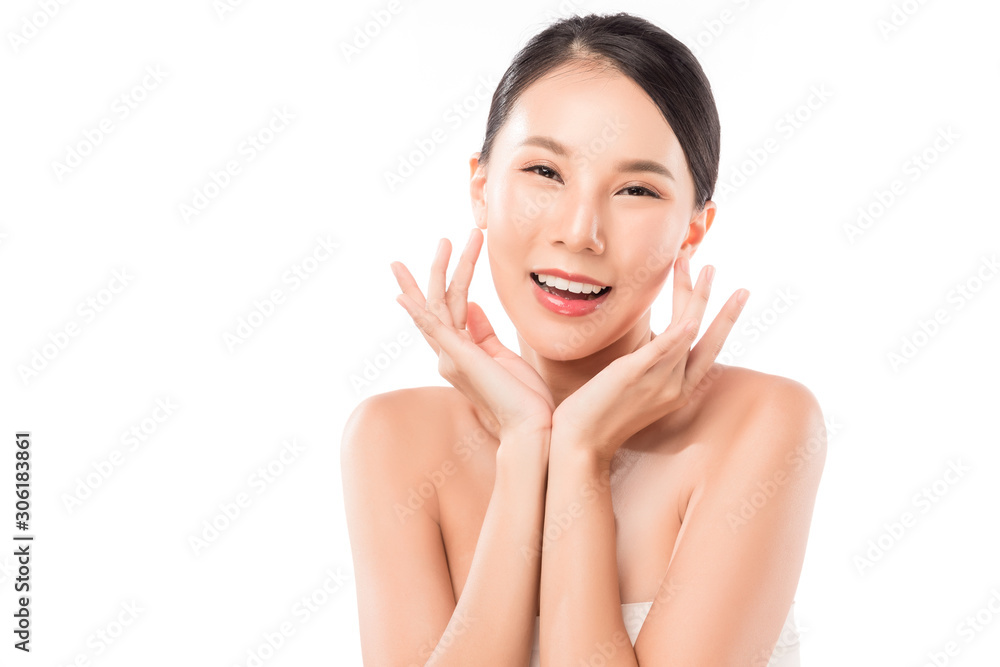 Young beauty healthy happy Asian woman with smiley face and perfect skin isolated on white. Young beauty healthy happy Asian woman with smiley face and perfect skin isolated on white.
